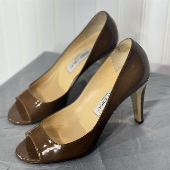 Jimmy Choo Evelyn Brown Patent Leather Peep Toe Heels Gold Heel EU 38 US 7.5-8 - Picture 1 of 10